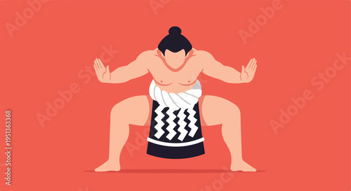 A sumo wrestler in a low stance, arms outstretched, wearing traditional mawashi
