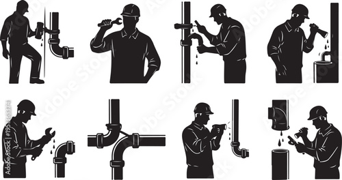 Plumber at work with various pipe fixing illustrations set