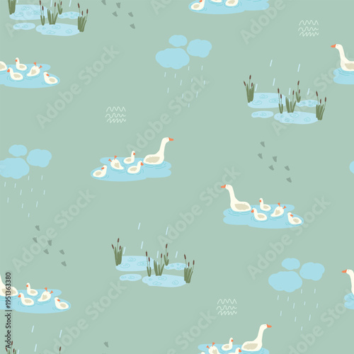 Han drawn pattern with cute geese in the lake, clouds and rain, seamles pattern. Vector illustration with farm animals, seamless pattern.