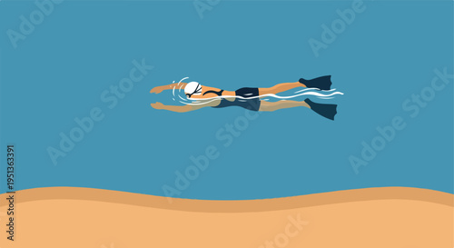 Stylized swimmer with flippers glides through clear blue water near sandy shore