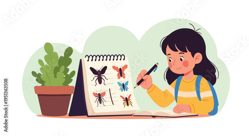 A child studies insects from a notebook with colorful illustrations and a potted plant