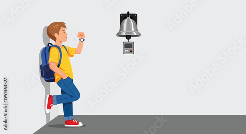 Boy with backpack rings bell on wall