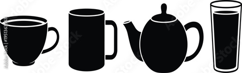 Black Silhouettes of a Mug, Tall Cup, Teapot, and Glass on White Background vector illustration