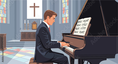 Man in suit plays piano in a church with stained glass windows