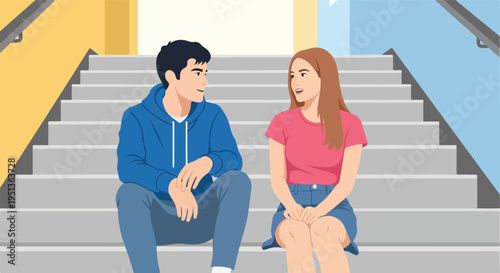 Two young people sitting on outdoor stairs, smiling and talking