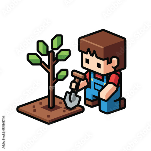 Cartoon gardener planting a tree