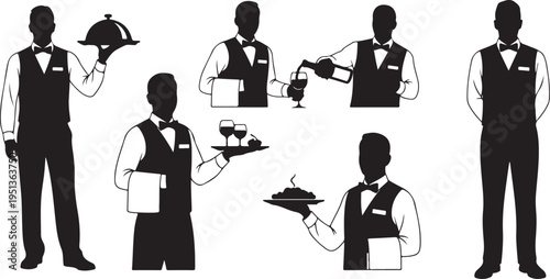 Silhouette of waiter and waitress in various serving positions