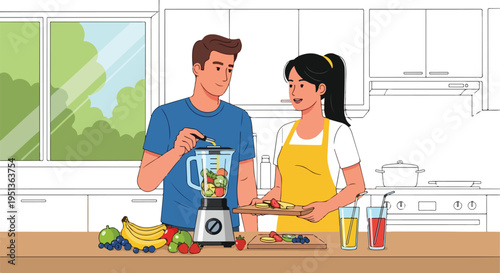Couple making a healthy smoothie in a modern kitchen with fresh fruits