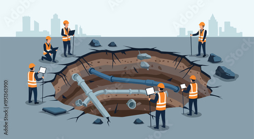 Construction workers inspect exposed underground pipes in a city setting