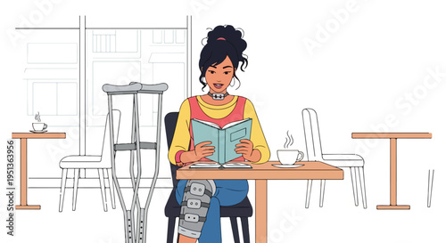 Injured person enjoys a book and coffee at a cafe with crutches nearby