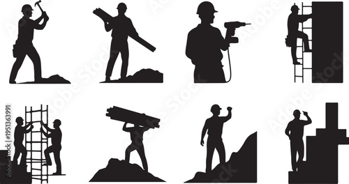 Construction workers in various poses and activities silhouette set