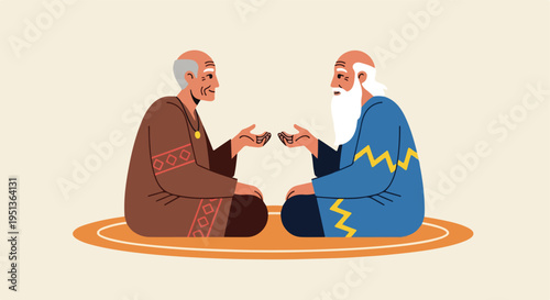 Two elders in traditional attire converse while seated on an oval mat