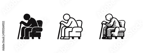 Elderly Person Sitting with Walking Stick Icon Set