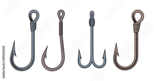 Fishing hooks and lures collection, four different types, isolated on white background, angling equipment vector illustration