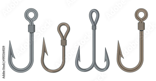 Fishing hooks and lures set, four distinct designs, white background, fishing gear icons, vector illustration
