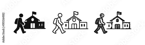 Student Walking to School Building Icon Set
