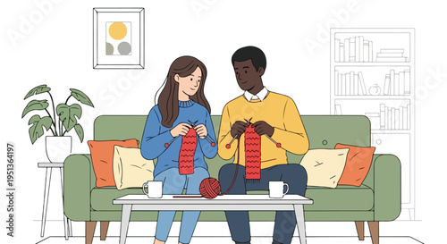 Couple enjoys knitting together on a couch with a coffee table and bookshelf