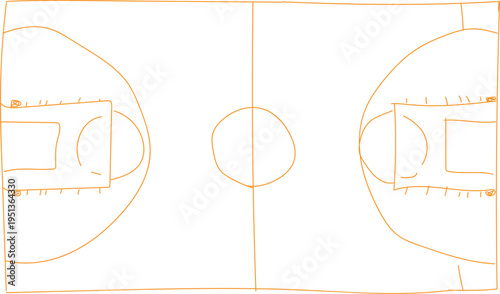 Hand drawn schematic diagram illustrating the essential boundary lines and key markings of a regulation basketball court viewed from an overhead perspective emphasizing the free throw areas and centre