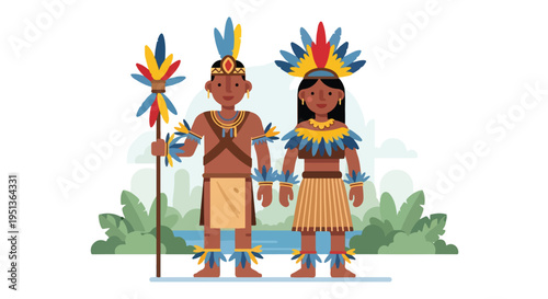 Indigenous couple in traditional feather headdresses and attire, standing in a lush landscape