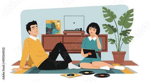 Couple relaxes listening to vinyl records in a cozy, plant-filled room