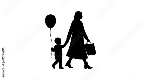 A mother and child silhouetted as they walk holding hands. The child is carrying a balloon, and the mother is carrying a shopping bag