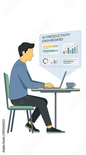 Man using Laptop computer, AI Productivity dashboard. The scene features a man seated at a desk, with a laptop open. On the screen, an AI Productivity Dashboard is displayed. 