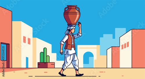 Person in traditional clothing carries large pot on head through sun-baked village