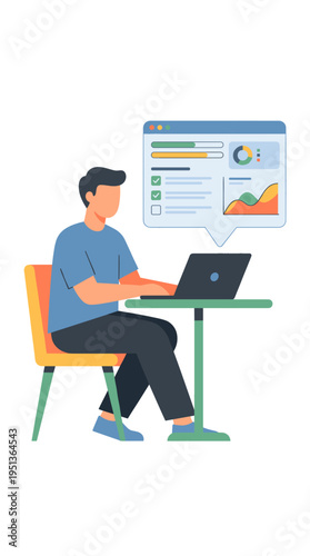 A person using a laptop with data analysis interface at the table. He is focused on his task.