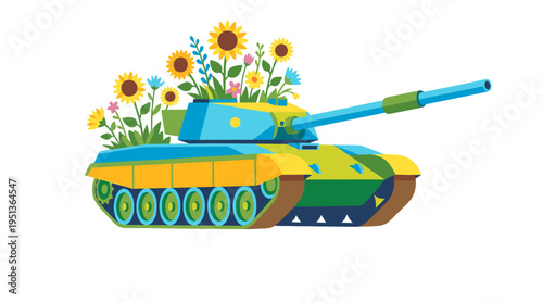 A symbol of peace and hope, a tank with vibrant sunflowers