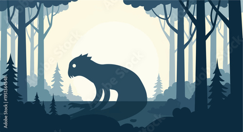 Silhouette of a creature with sharp teeth in a stylized, misty forest