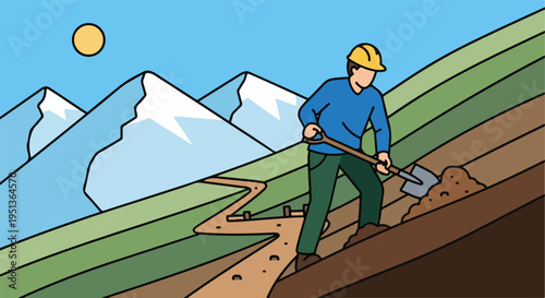 A person in a hard hat digs in a terraced field with mountains and sun