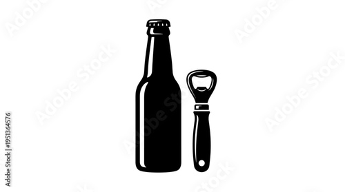 A close-up shot of a bottle of dark beer and a bottle opener