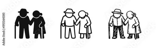 Elderly Couple with Walking Sticks Icons Set - Senior Support and Old Age