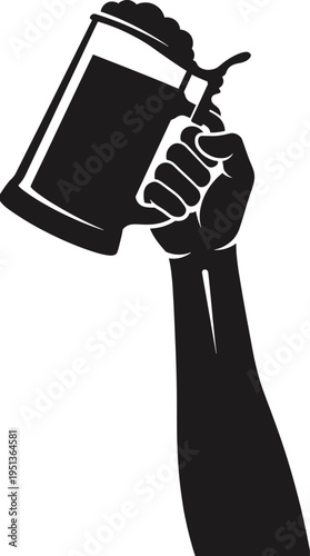A silhouette of a hand holding a beer stein in a celebratory gesture. The focus is on the beer stein and the hand