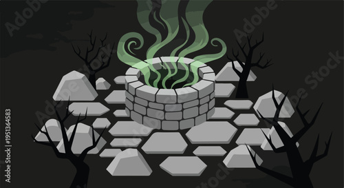Spooky stone well emits eerie green mist amidst barren trees and dark landscape