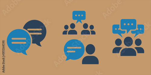 Communication icons showing speech bubbles and groups of people in conversation dialogue discussion