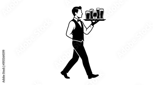 A waiter with a tray of beer glasses
