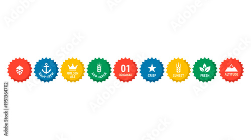 Colorful bottle caps arranged in a row with distinct designs, showcasing diverse themes and elements