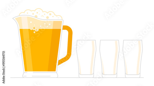 A refreshing pitcher of beer, ready to be poured into glasses for enjoyment. The beer has a foamy head, creating an inviting drink and has four glass beside