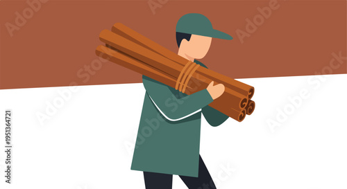 Person carrying bundle of cinnamon sticks across brown and white background