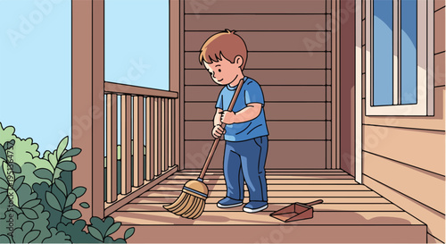 Young boy diligently sweeping a wooden porch with a straw broom and dustpan