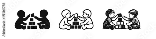 Two Babies Building Blocks Icons Set - Playtime and Early Learning
