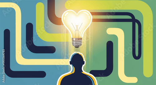 Person with glowing lightbulb idea above head in maze background symbolizing innovation and creativity