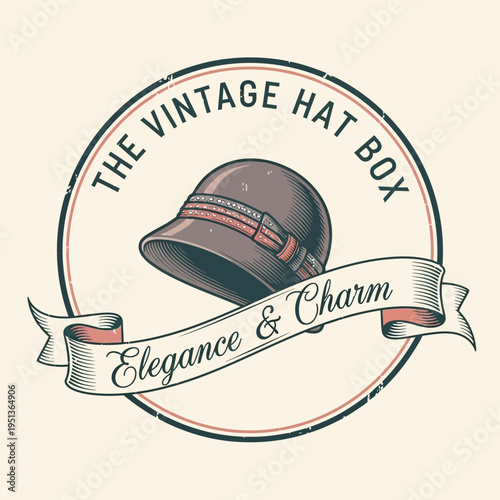 The Vintage Hat Box Logo with Elegant Cloche Hat and Ribbon for Elegance & Charm on a Light Beige Background