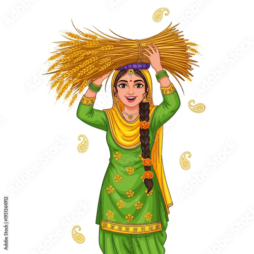 Smiling woman in traditional green attire carrying a large bundle of golden wheat on her head, symbolizing agricultural abundance, cultural heritage, and rural life in a vibrant illustration