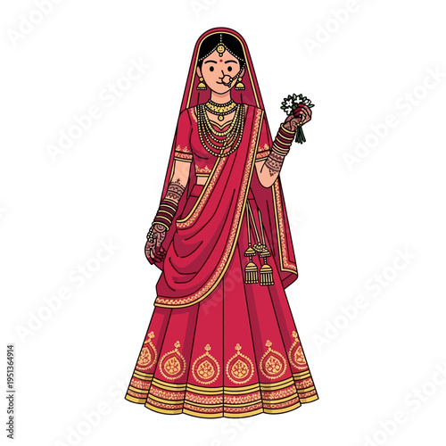 Indian Bride in Traditional Red Attire Holding a Bouquet of Flowers - Vector Illustration