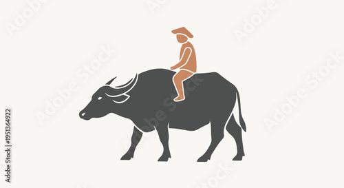 Stylized illustration of a person riding a water buffalo
