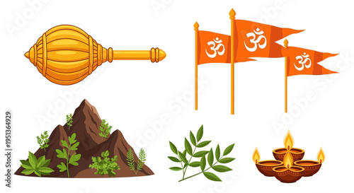 Collection of Hindu religious symbols and imagery, including a mace, flags, and a mountain landscape