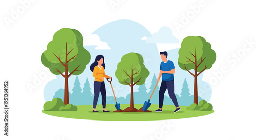 Two people plant a small tree in a park with trees and clouds