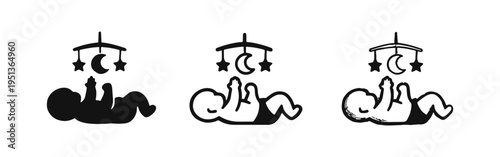 Baby with Hanging Mobile Icons Set - Nursery Play and Sweet Dreams